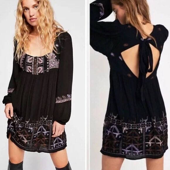 Free People Dresses & Skirts - Free People Rhiannon Black Embroidered Mini Dress